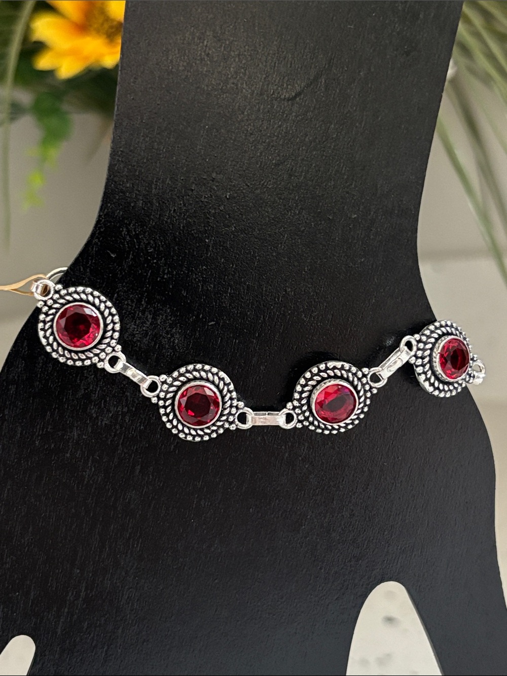 Ethnic Artisan Handcrafted Red Garnet Crystal Silver-Link Bracelet